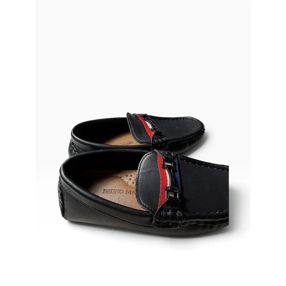 Bruno Marc Boys Black Loafers Driving Mocs Red White Blue Stripe Size 9 Toddler
